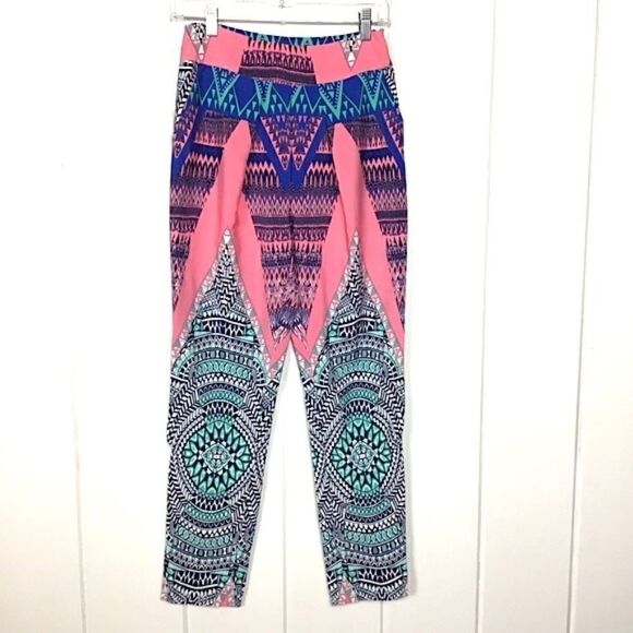 Mustard Seed Tribal Blue Pink Pleated Zip Pant S - Picture 1 of 8